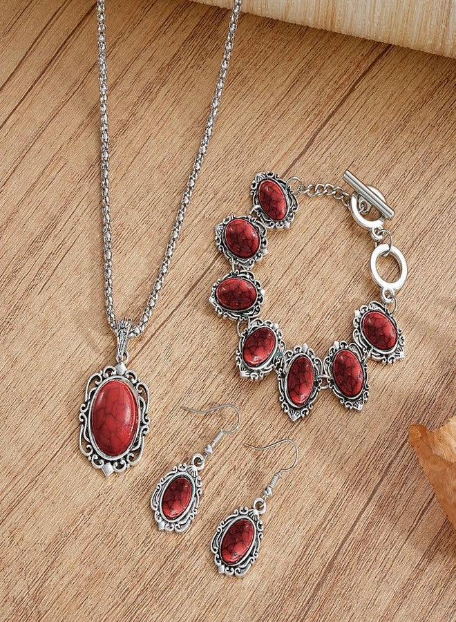 Lookray Western Turquoise Jewelry Sets for Women Boho Red Black Zirconia Western Necklace Earring Bracelet Set Country Concert Outfits Jewelry Set Bohemian Cowgirl Accessorie A2 - Image 5